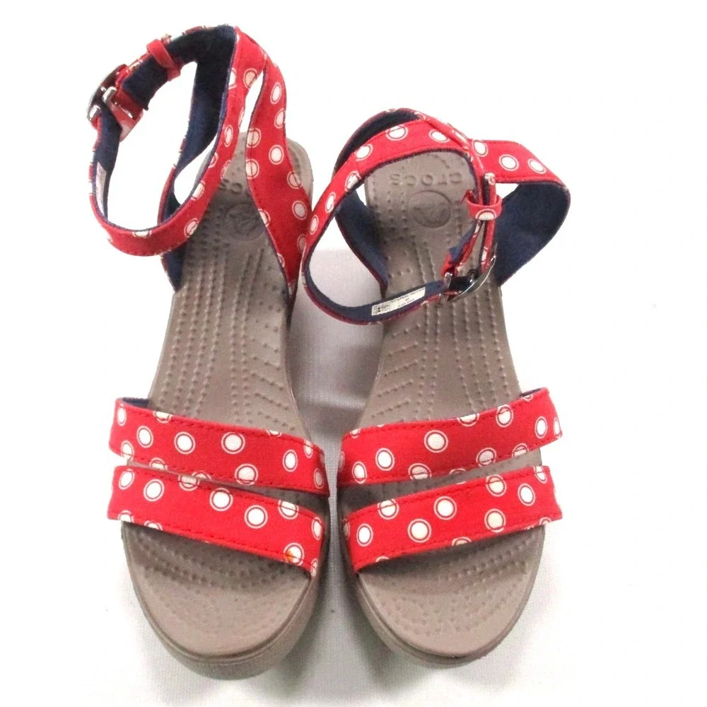 Crocs Leigh II Wedge Sandals Women's 8 Red Polka Dots Strappy Ankle Strap 15313